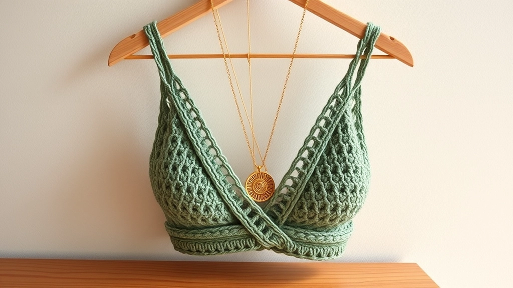 A styled outfit featuring a sage green crochet bralette and layered gold necklaces.