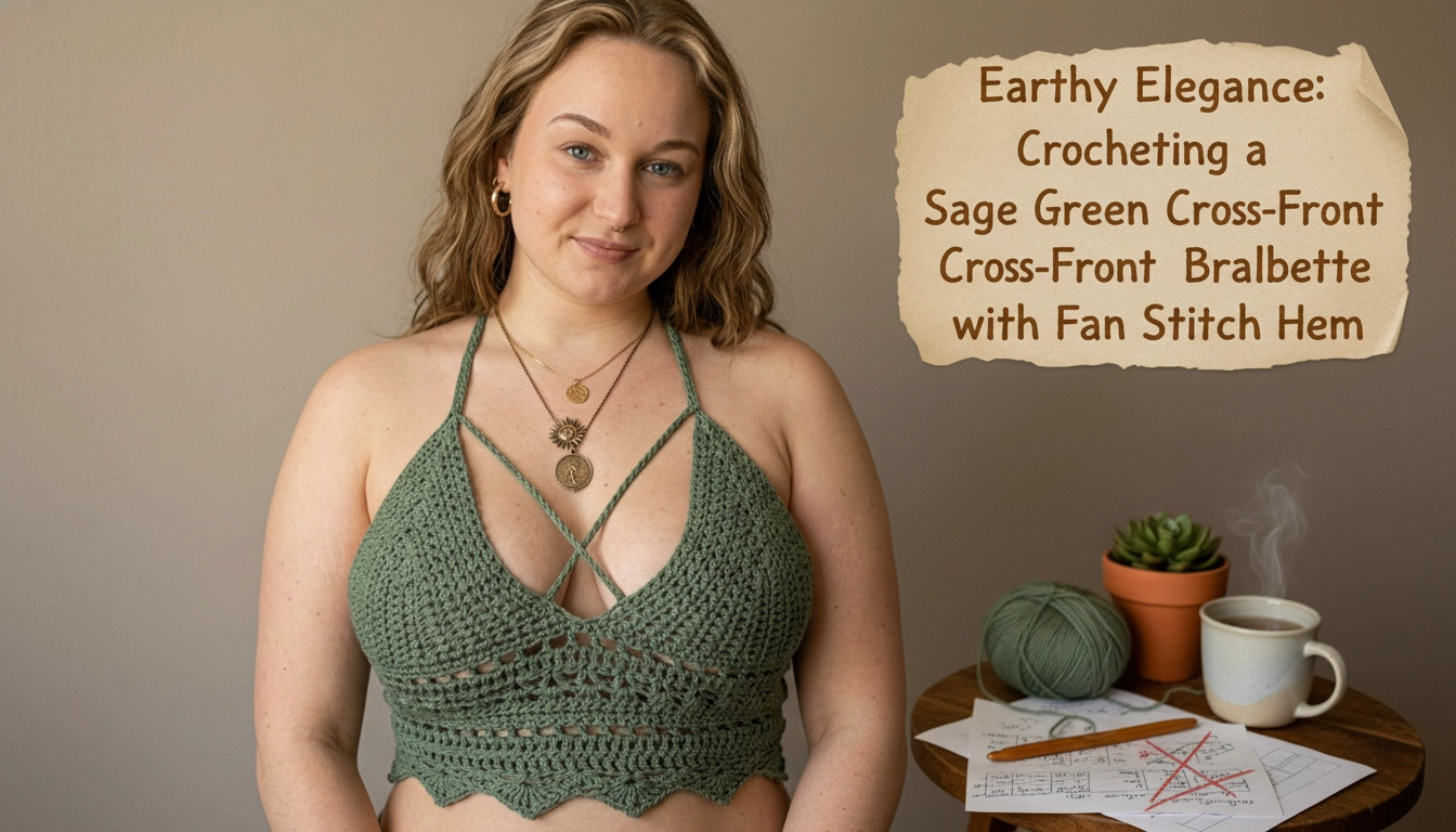 A homemade flatlay of the Earthy Elegance: Crocheting a Sage Green Cross-Front Bralette with Fan Stitch Hem on a linen bedsheet.