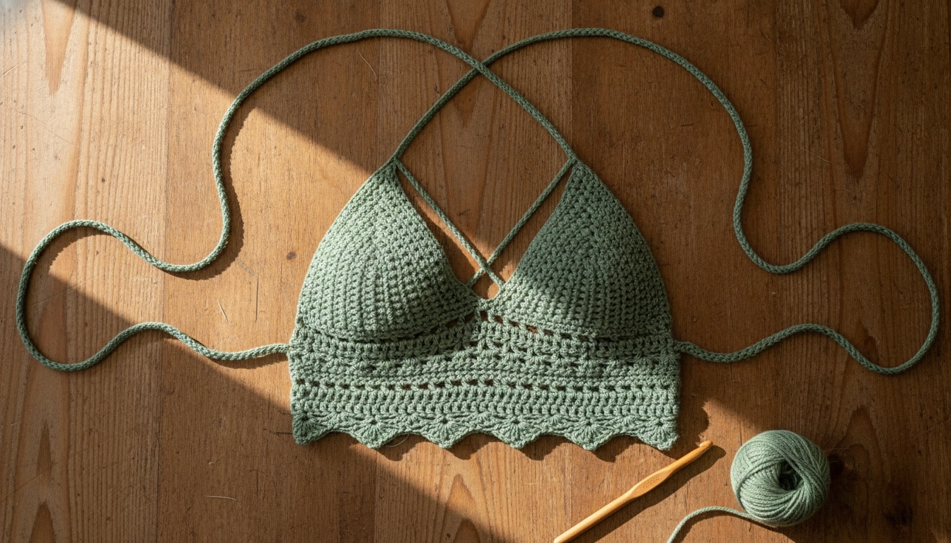 The completed sage green crocheted cross-front bralette laid out flat after blocking.