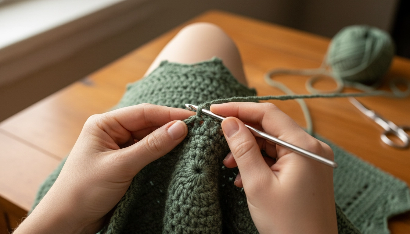 Hands actively crocheting a sage green bralette cup with a metal hook.