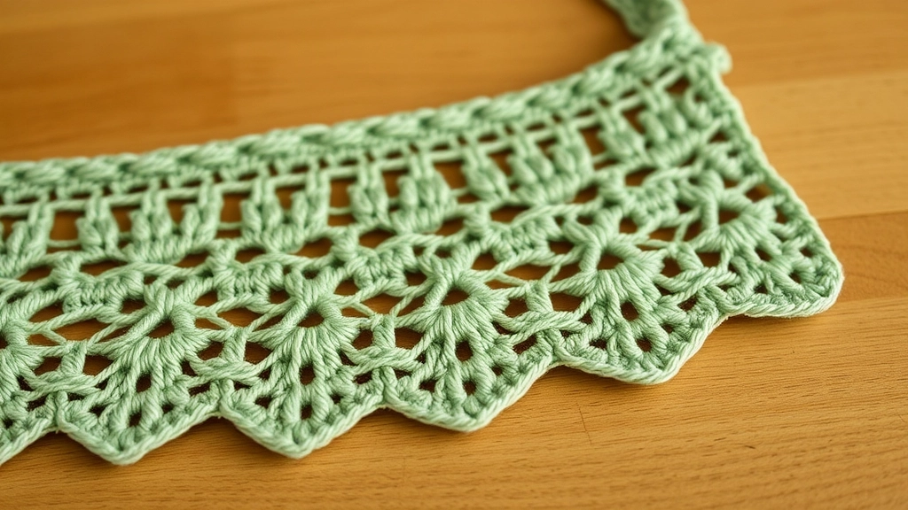 A detailed close-up of the decorative scalloped fan stitch hem on a crochet bralette.