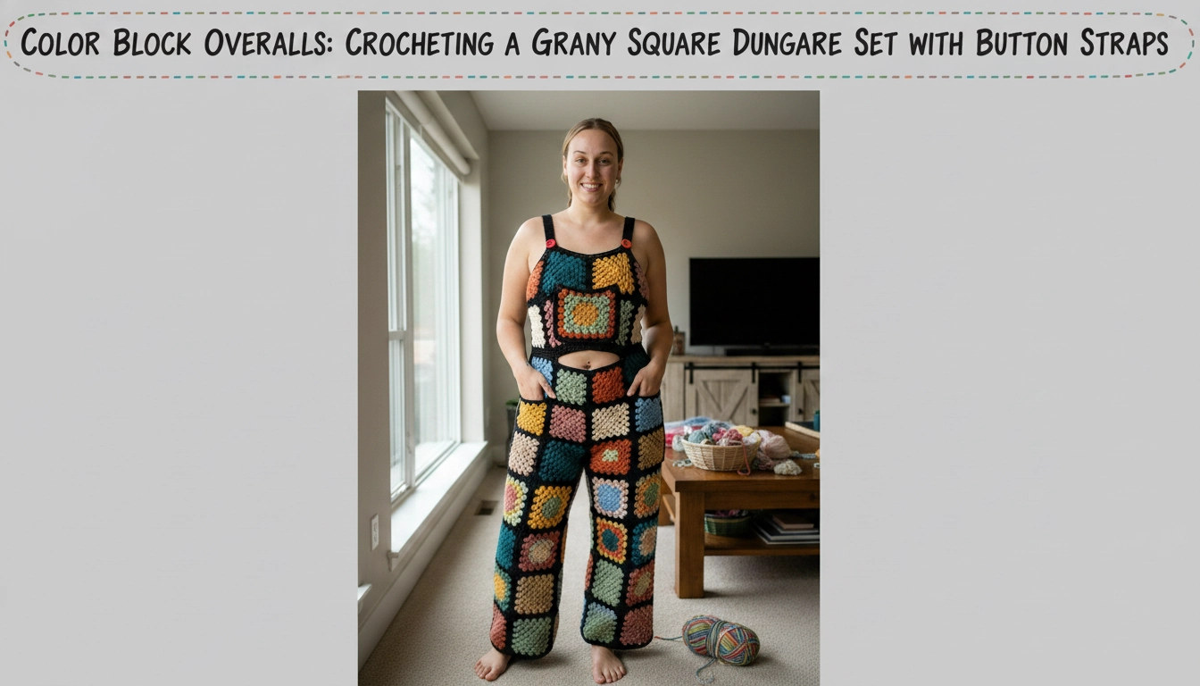 A flat-lay of the completed Color Block Overalls: Crocheting a Granny Square Dungaree Set with Button Straps on a rustic wooden table.