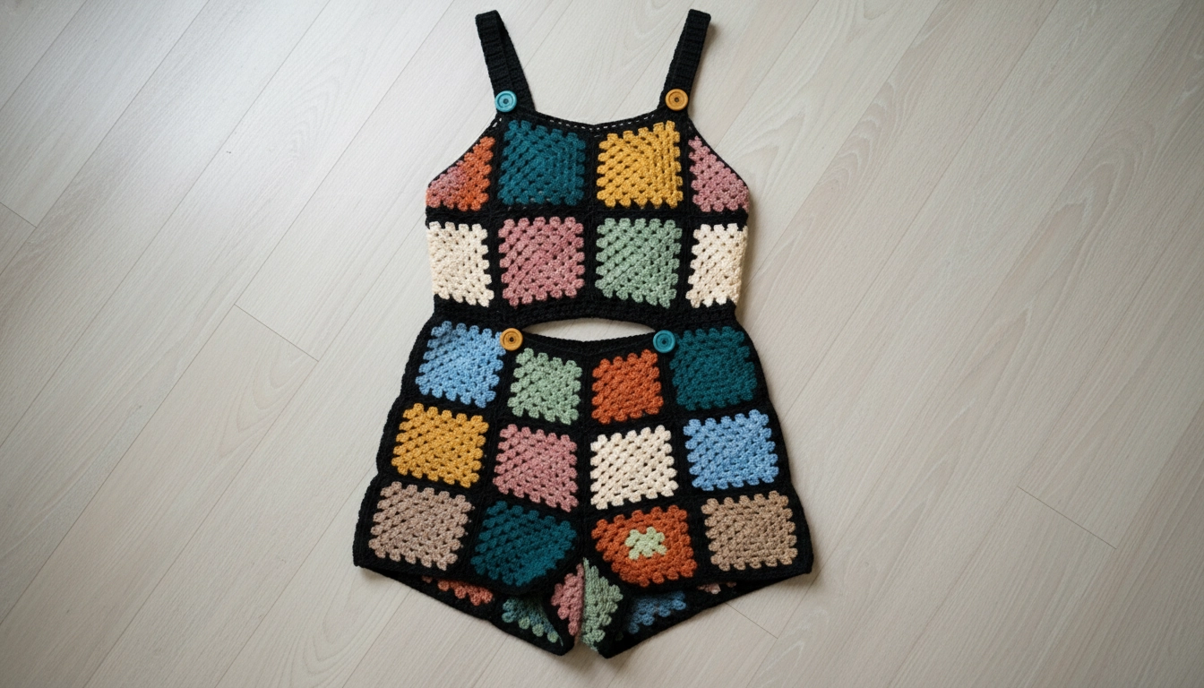 A finished crochet granny square dungaree set showing the structured crop bib and high-waisted shorts with a cutout middle.