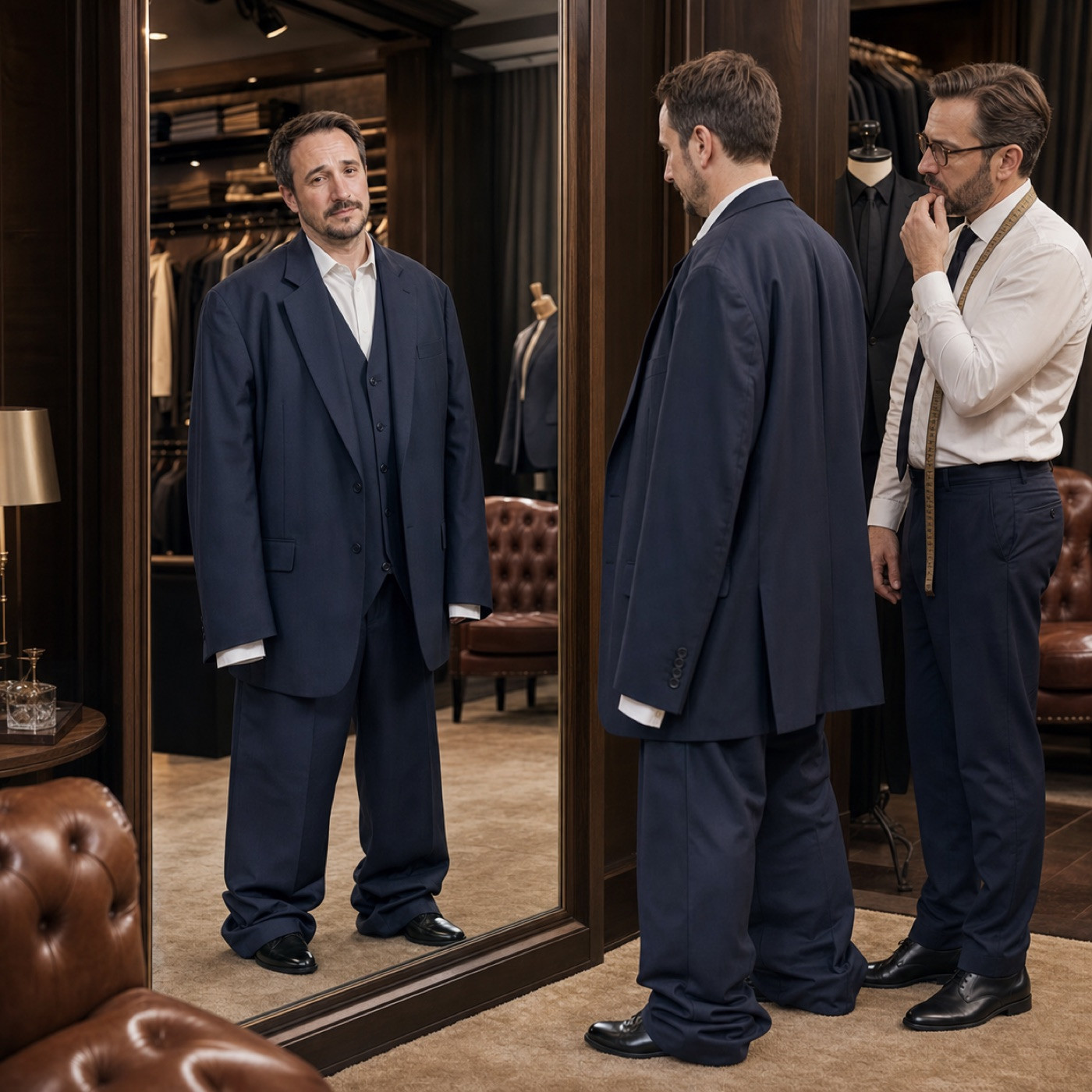 Андрей Цыган в костюме Brioni на 3 размера больше перед зеркалом ателье