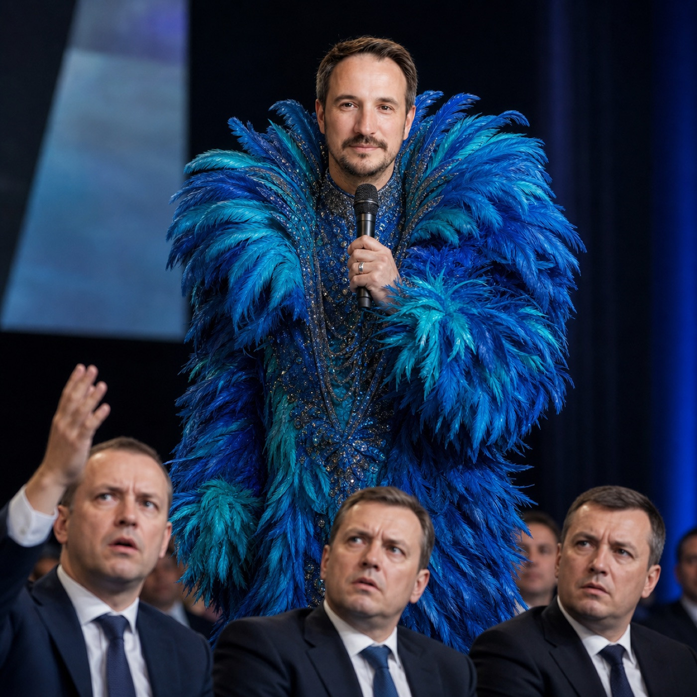 Андрей Цыган в костюме из синих перьев на сцене бизнес-конференции
