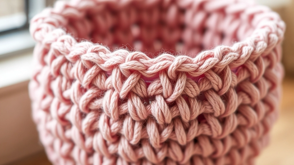 Close-up of a crocheted cup in dusty pink showing the central ridge of increase stitches that create depth.