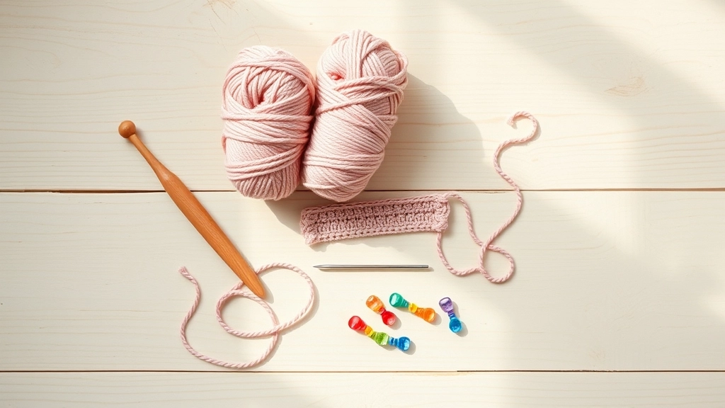 A flat lay of crochet supplies including dusty pink yarn skeins, a 3.5 mm hook, stitch markers, and a tapestry needle.