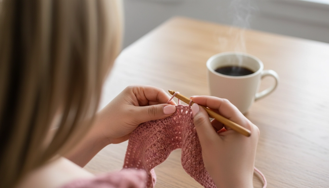 A close-up of hands holding a wooden crochet hook and working dusty pink cotton yarn into a mesh pattern.