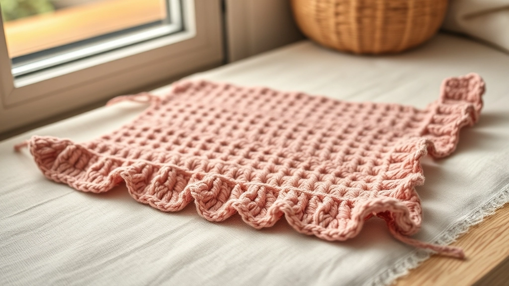 Close-up of a wide crochet strap with a decorative shell-stitch ruffle worked along the outer edge.