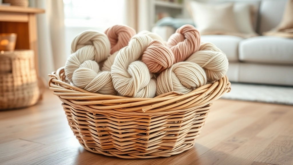 A close-up of soft, organic cotton yarn skeins in neutral and pink shades resting inside a woven basket.