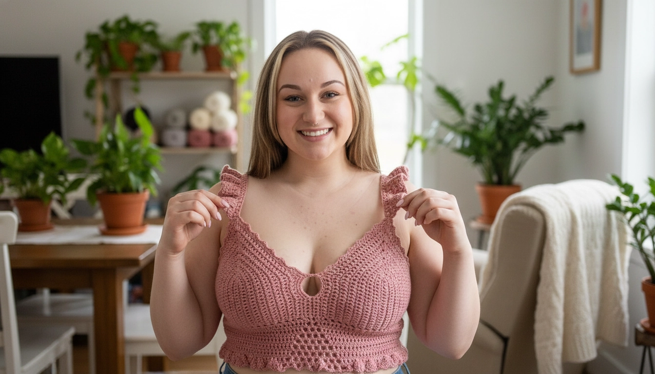 A smiling person proudly holding up their finished, handmade dusty pink crochet bralette with ruffle straps.