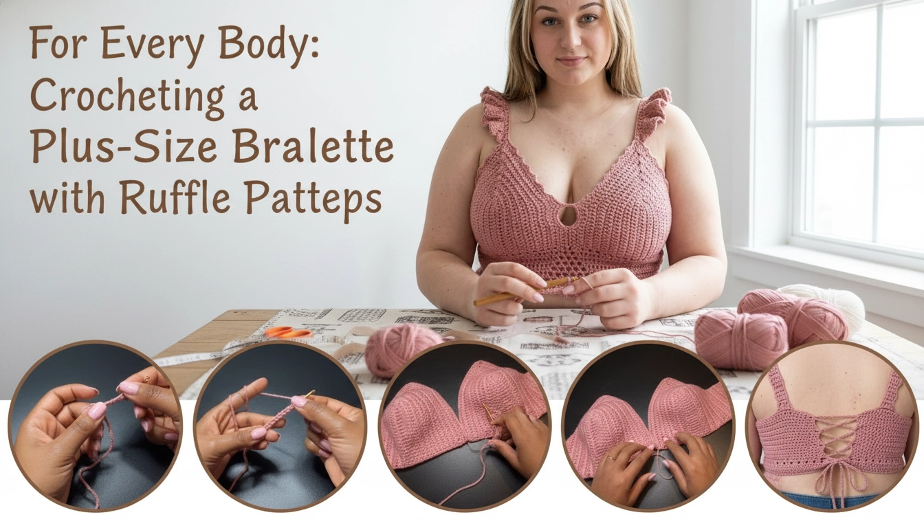 A cozy, amateur-style flat lay of a handmade plus-size crochet bralette, showcasing the project from For Every Body: Crocheting a Plus-Size Dusty Pink Bralette with Ruffle Straps.