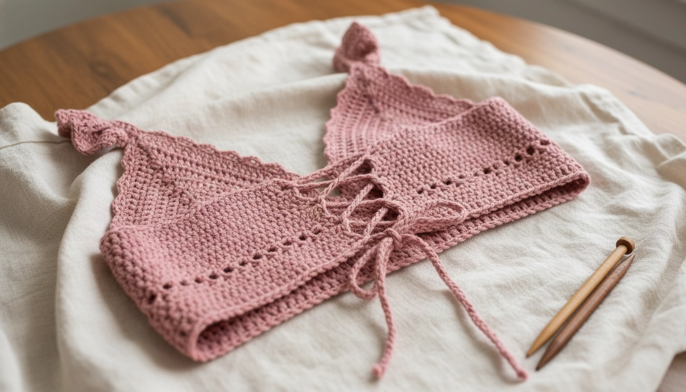 The back view of a dusty pink crochet bralette showing the supportive mesh underbust band and adjustable lattice ties.