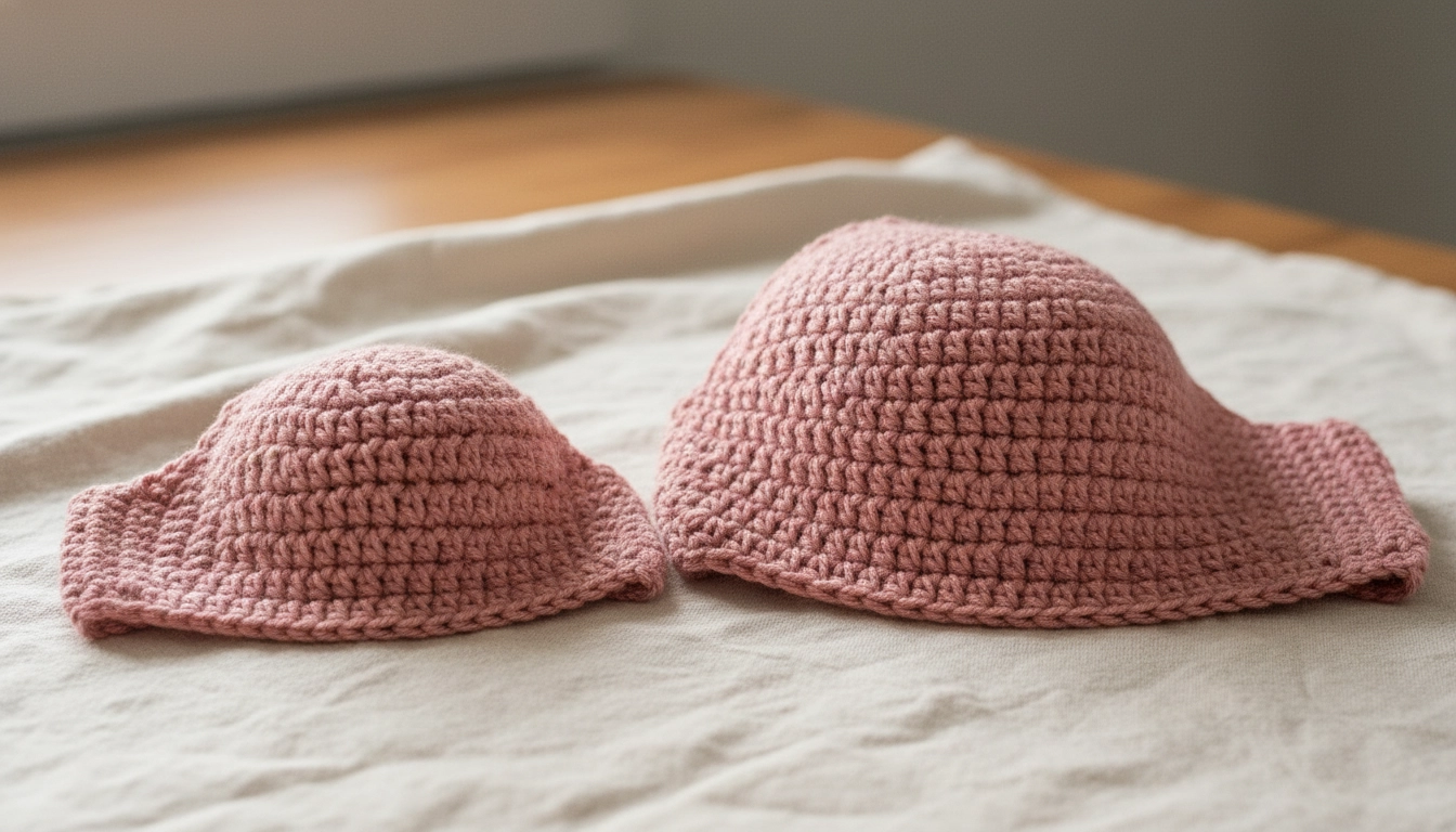 Two dusty pink crocheted cups of different sizes laid side-by-side to show pattern scaling for plus sizes.