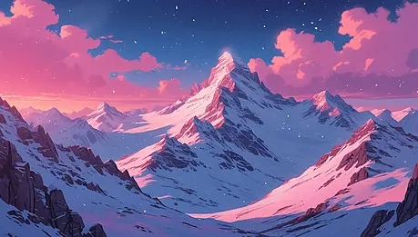 pngtree sunset over snow covered mountains with pink clouds and twinkling stars image 19893972.webp