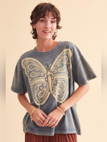 Earthbound Tops Various Sizes Grey Free Spirit Butterfly T Shirt Nwt Color Blue Cream Size Various.jpg