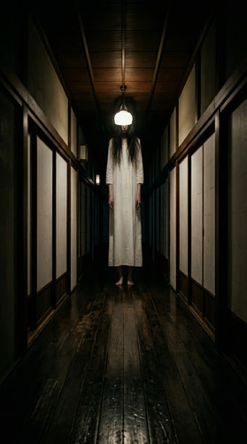 nano banana 2 interior of a dark japanese hallway extremely tall woman standing at the end of 0.jpg