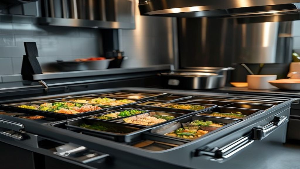 Kitchen staff opening a chef base cooler drawer filled with portioned food pans