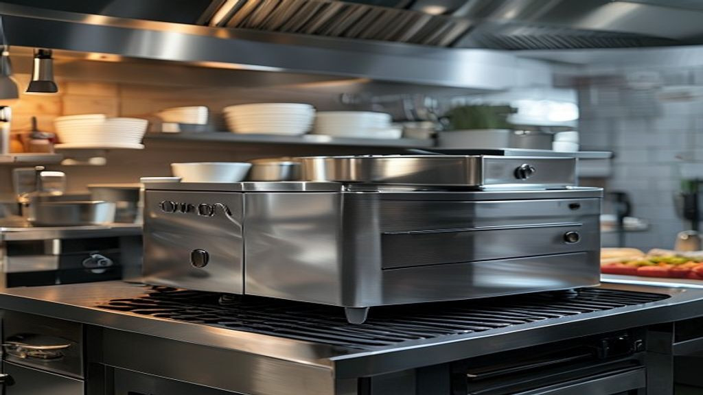 Stainless steel commercial chef base refrigerator under a restaurant cookline griddle
