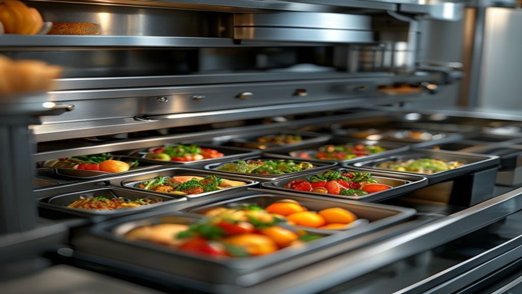 Close-up of open chef base drawers filled with portioned pans of prep ingredients