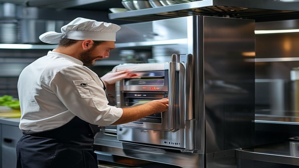 Chef checking the temperature display on a chef base fridge after service