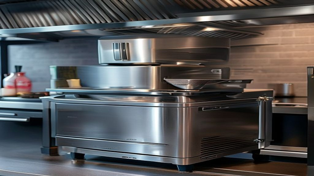 Stainless steel chef base refrigerator under a commercial grill station
