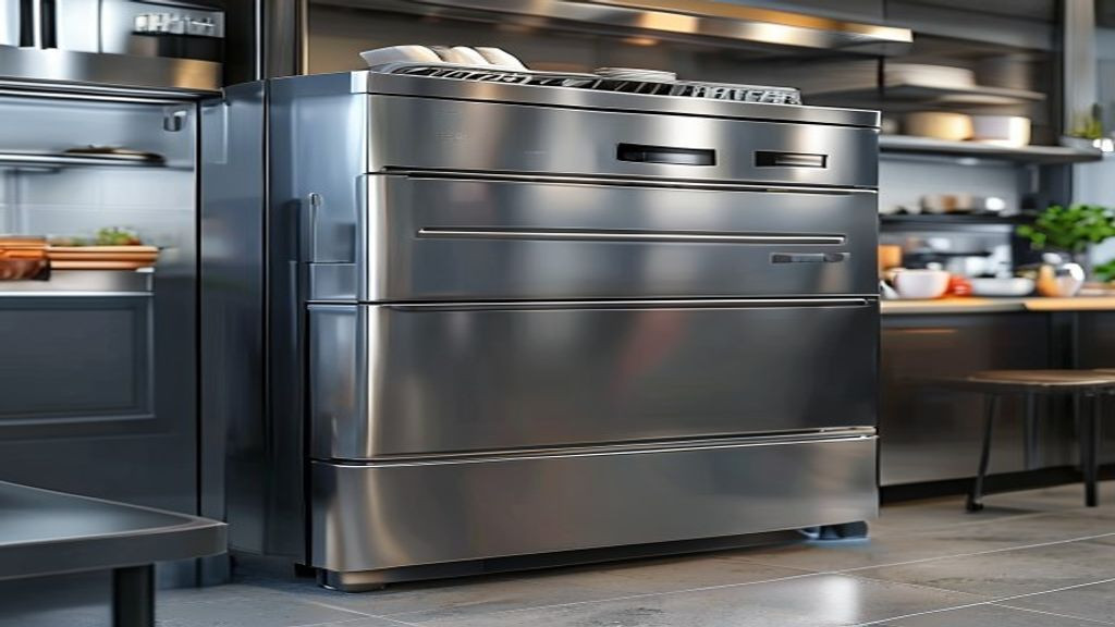 Wide kitchen view of a chef base refrigerator 72 inch installed beneath hot cooking equipment