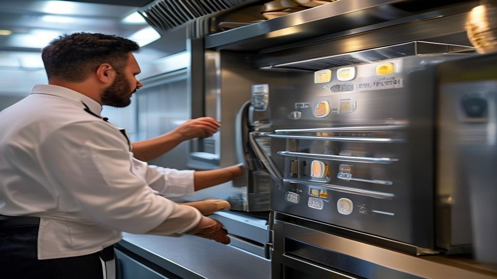 Kitchen manager checking temperature settings on a chef base freezer