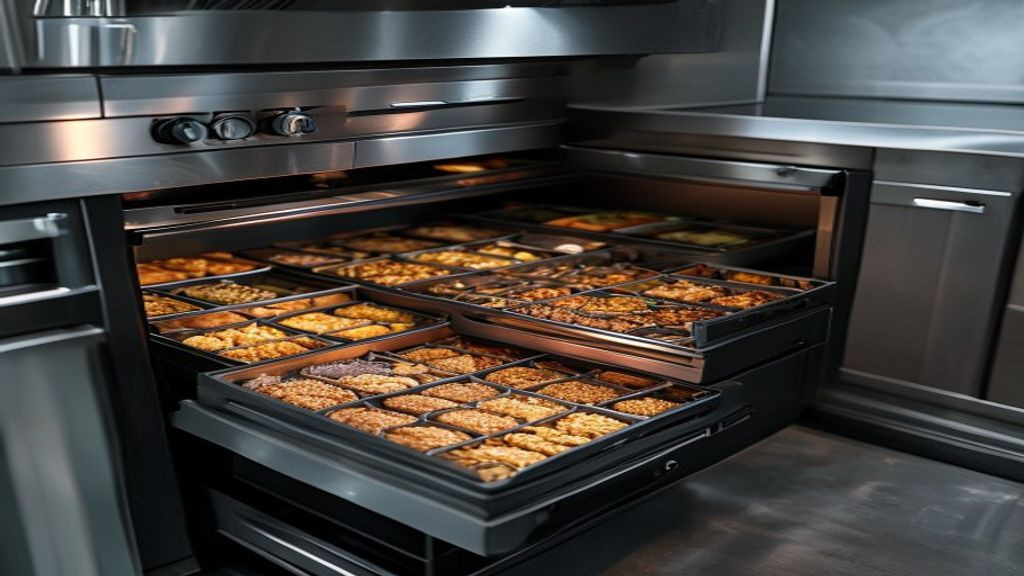 Open chef base freezer drawers filled with organized frozen food pans