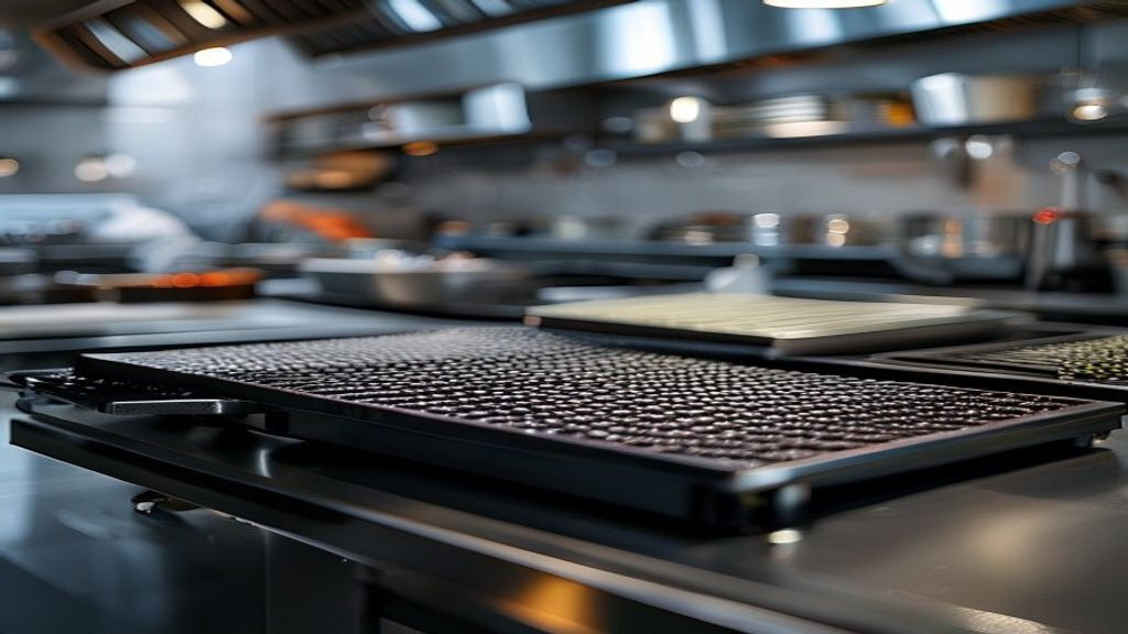 Side view of chef bases supporting a flat-top griddle in a busy restaurant kitchen