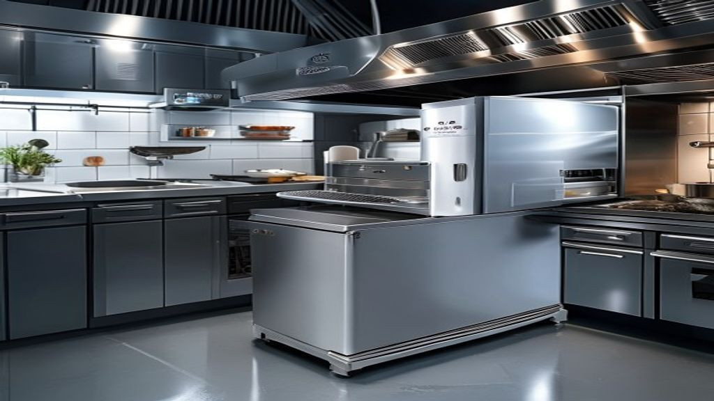 Technician leveling a 72 chef base refrigerator beneath commercial cooking equipment