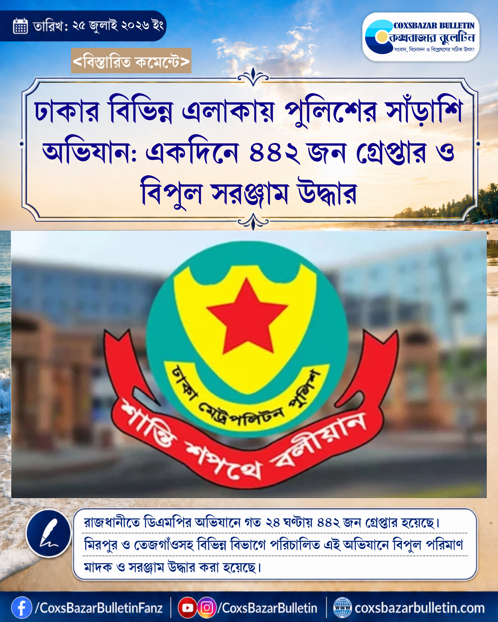 ঢাকার বিভিন্ন এলাকায় পুলিশের সাঁড়াশি অভিযান: একদিনে ৪৪২ জন গ্রেপ্তার ও বিপুল সরঞ্জাম উদ্ধার
