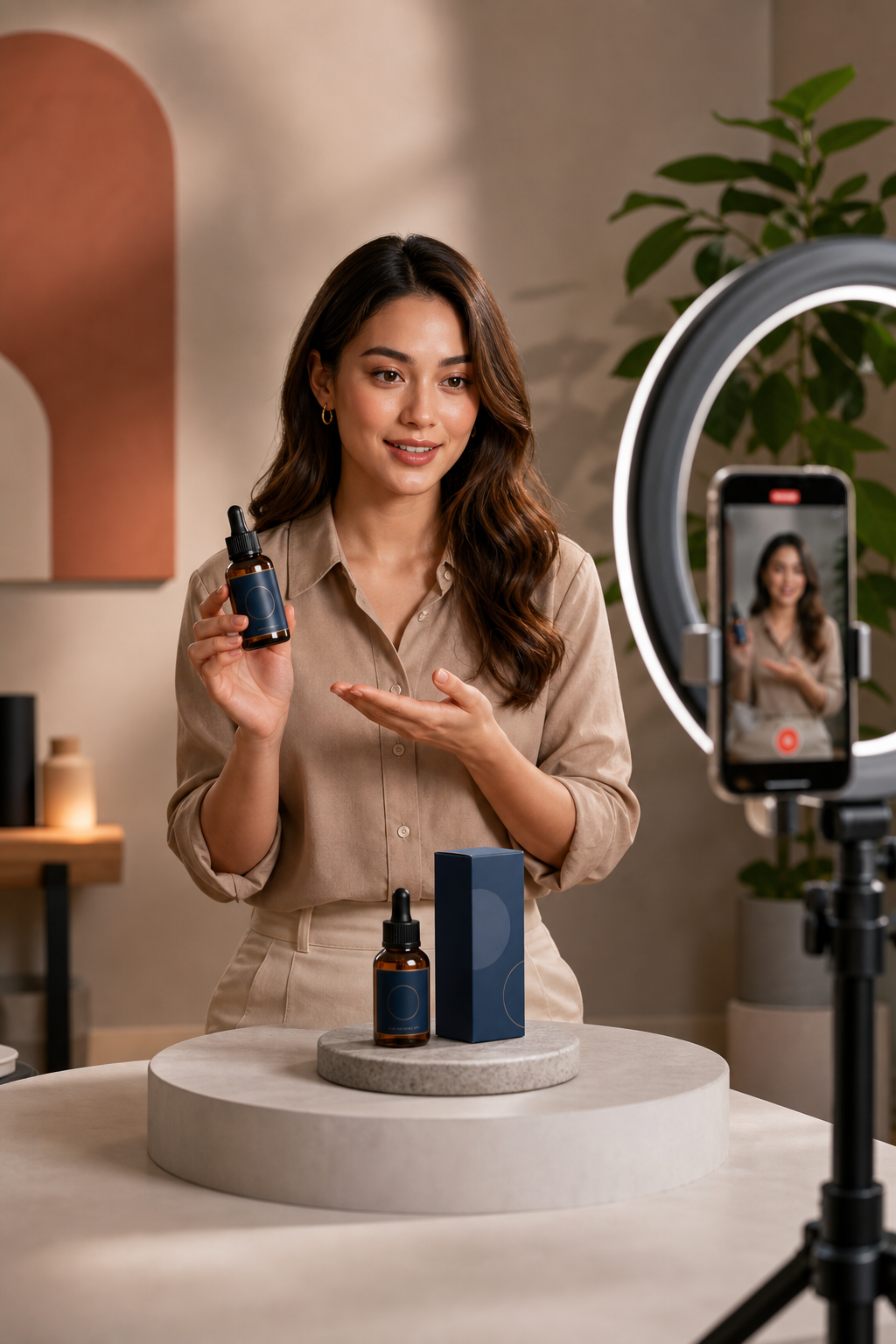 AI avatar presenting a Shopify product in studio