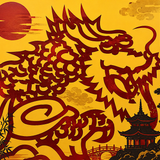 Dragon amidst clouds and architecture