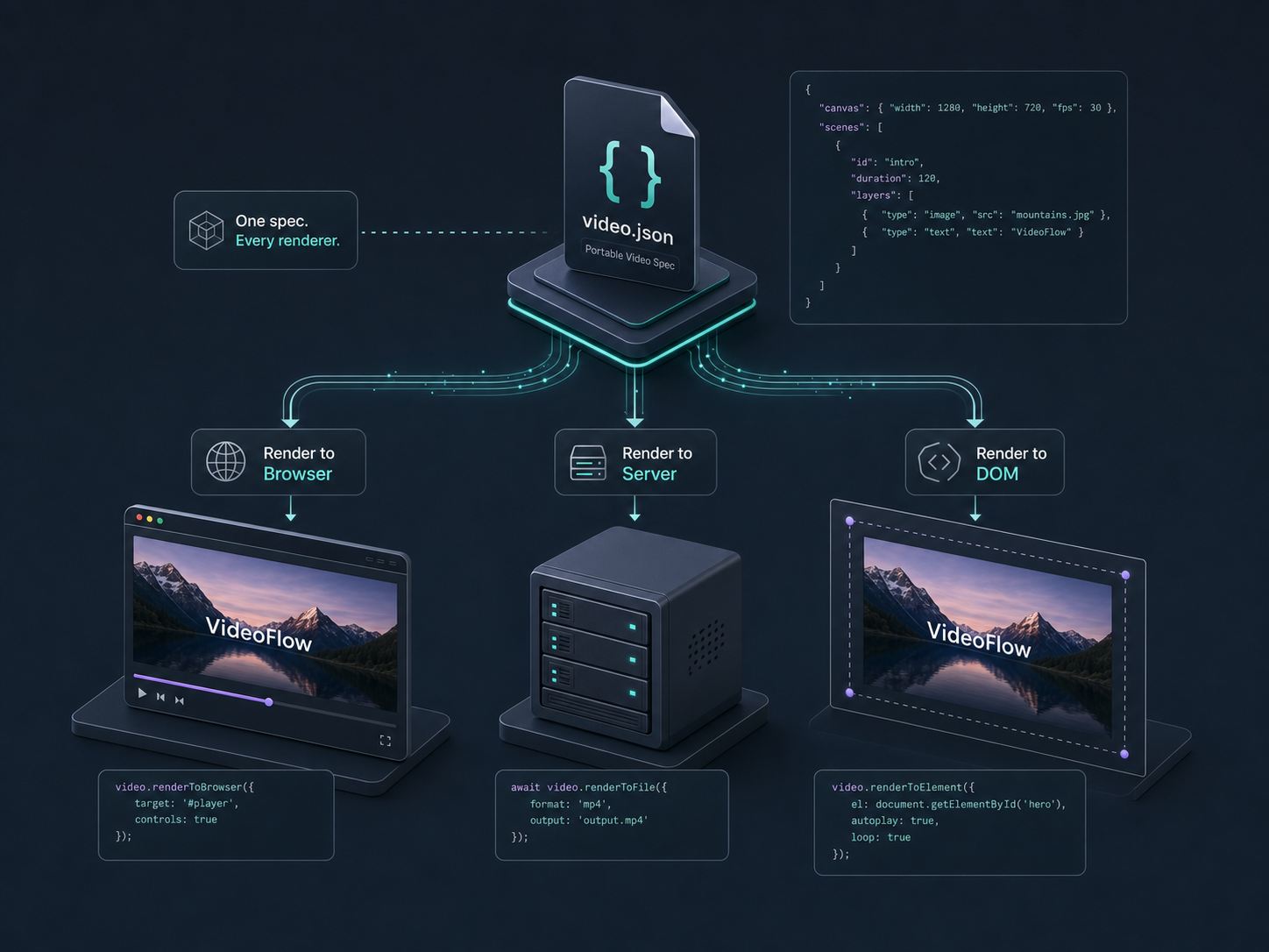 VideoFlow rendering pipeline across browser, server, and DOM preview