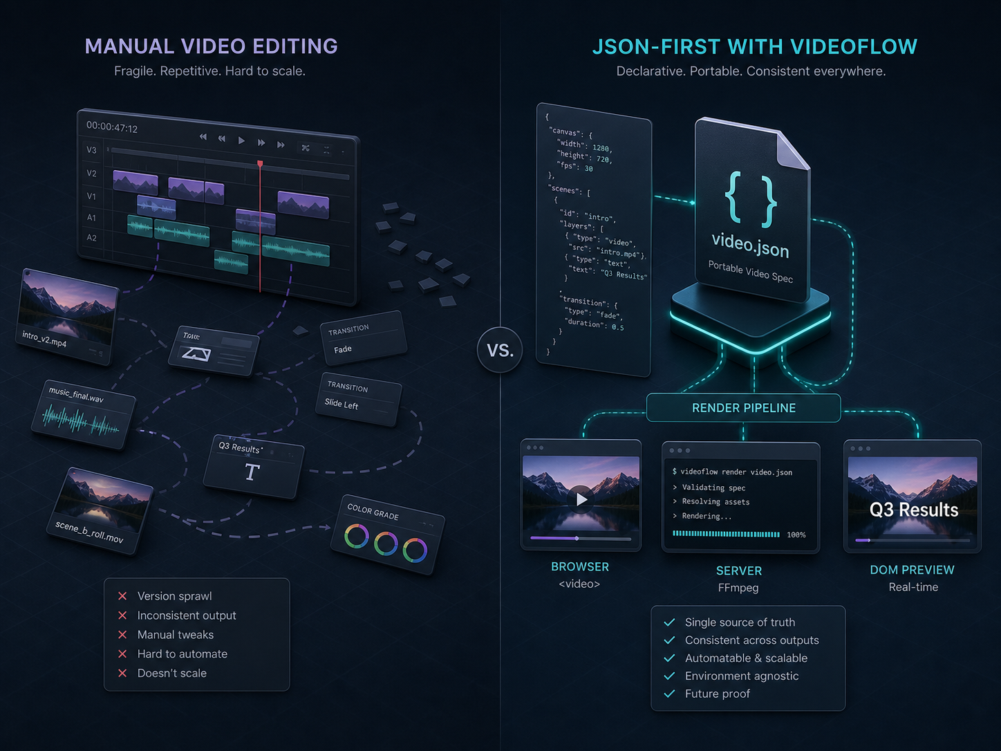 Manual editing versus JSON-first video templates in VideoFlow