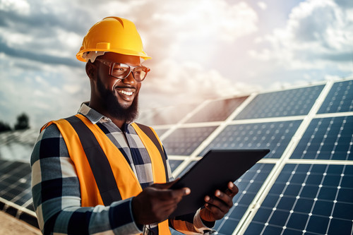 A smiling African-American engineer with a digital tablet tests solar panels. The technician works w.jpg