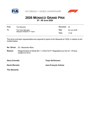 [Monaco GP]Doc 56 Summons Car 23 Alleged pit lane incident with Car 41 page 1.png