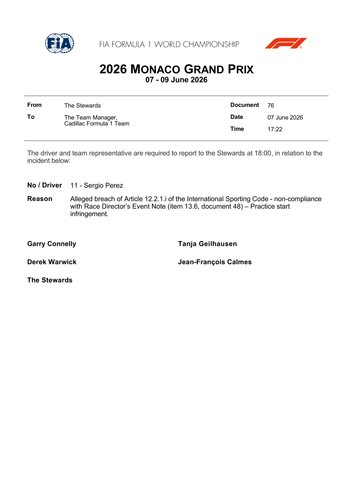 [Monaco GP]Doc 76 Summons Car 11 Practice start infringement page 1.png
