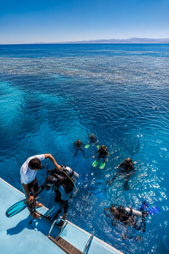 Scuba divers taking selfie with colorful coral backdrop