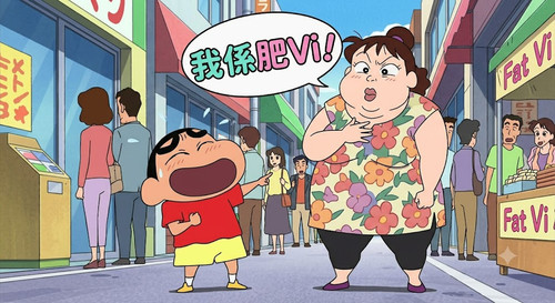 蠟筆小新對著一位自稱肥Vi的身型肥胖女士狂笑.jpg