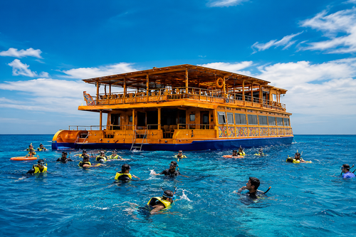 Snorkelers exploring vibrant coral reefs alongside the ship