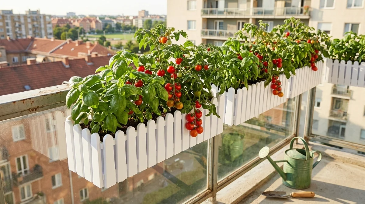 Balkon saksısında yetişen kiraz domates ve fesleğen
