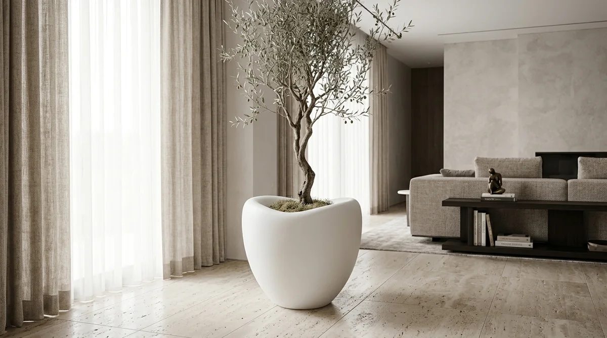 MOGRA fiberclay saksıda zeytin ağacı ile modern iç mekan