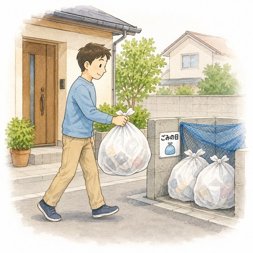 33. 出します（だします）［ごみを～］— mengeluarkan, membuang sampah.png