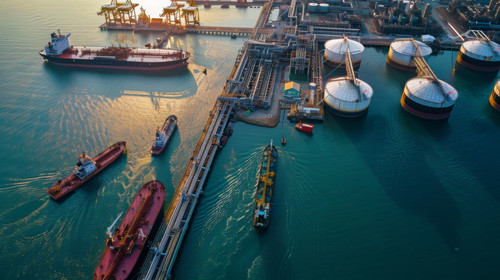 A bustling oil terminal at sunset with multiple tankers docked and industrial facilities in the back.jpg