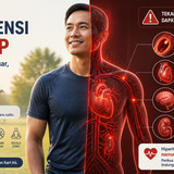 Visual representation of silent hypertension danger with Indonesian text a person looking healthy an