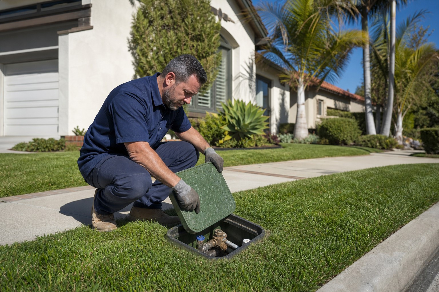 Plumber inspecting a residential water shutoff valve in San Joaquin County