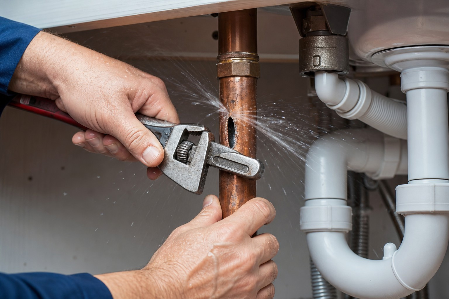 Emergency plumber responding to a burst pipe call in a Stockton, CA home at night