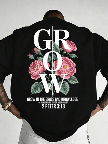 Grow Grace Floral Christian Men's Pure Cotton Black Back Print Mens Clothes Graphic Tees Shirts Men .jpg